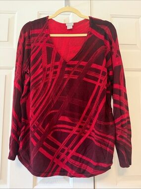 Chico's Red and Burgundy Abstract V-Neck Long Sleeve Top